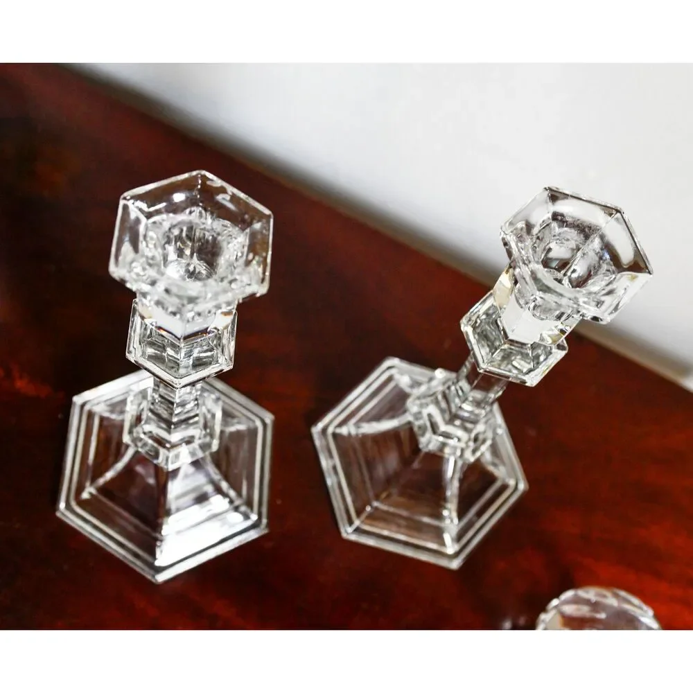 Vintage Crystal Glass Candlestick Pair 8 Inch | Hexagonal Base Faceted Stem
